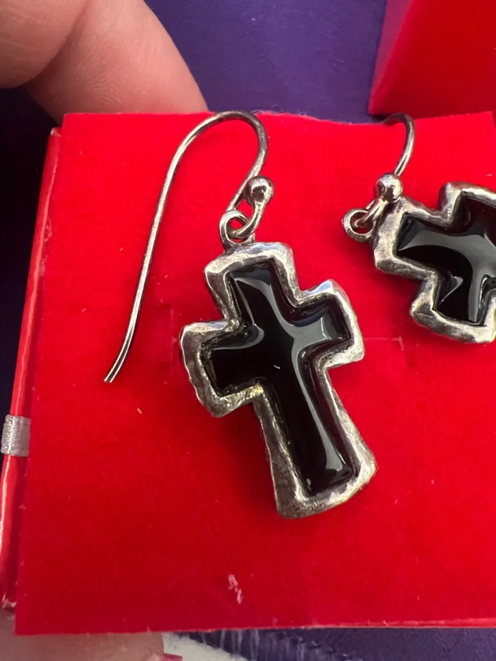 Sterling Silver 925 Black Cross Dangle Earrings - Picture 3 of 8
